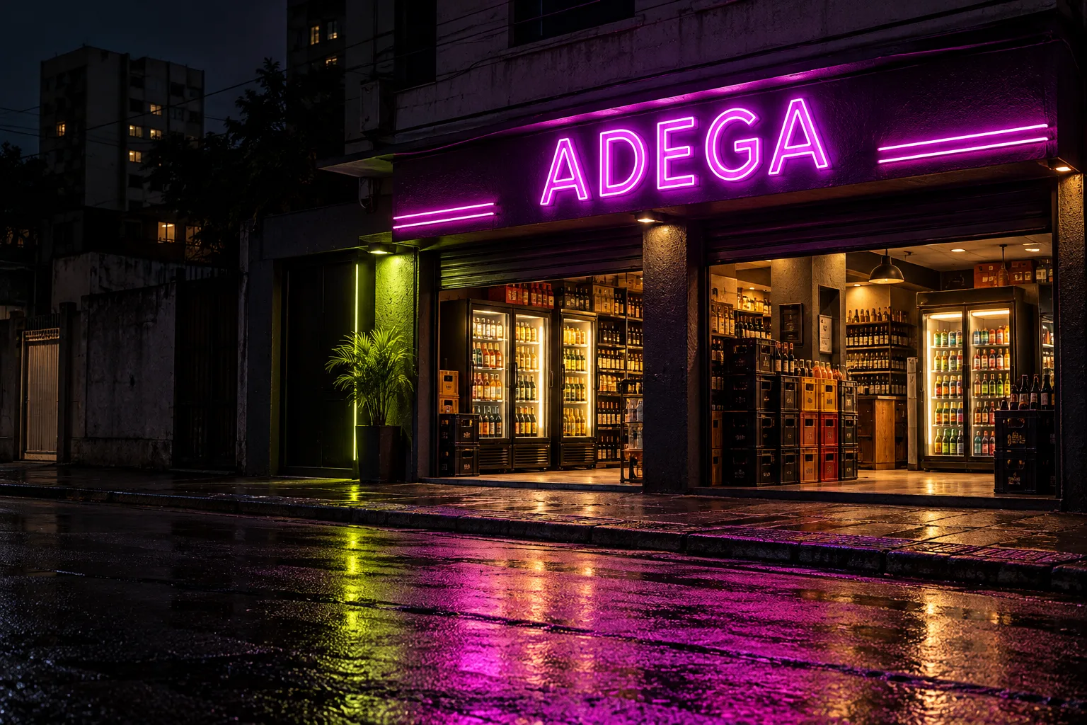 Fachada conceitual de uma adega à noite, com letreiro neon refletido no asfalto